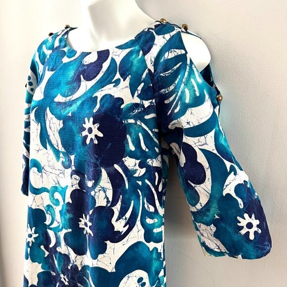 Vintage  60s Hawaiian Barkcloth Maxi Dress Tiki Kahili Honolulu Peekaboo Sleeves - Picture 9 of 12